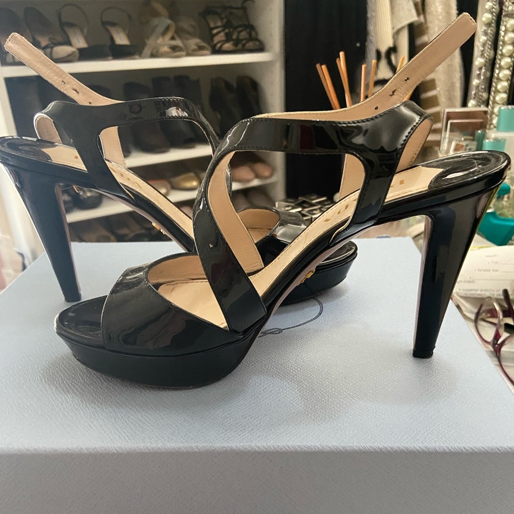 Black patent Prada high heeled sandal; size 6.5